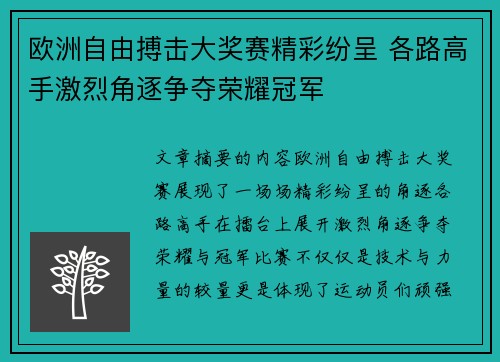 欧洲自由搏击大奖赛精彩纷呈 各路高手激烈角逐争夺荣耀冠军